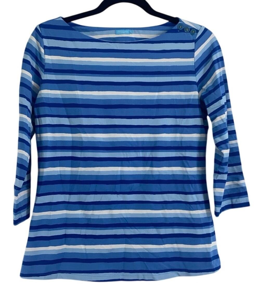J Mclaughlin Womens Wavesong Top M Catalina 3/4 Sleeve Spandex Blue Striped